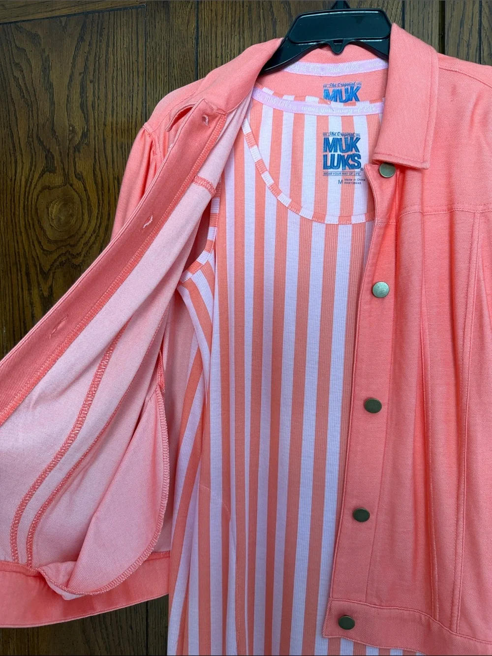 Muk Luks Coral and Pale Pink Striped Dress with Matching Coral Cardigan